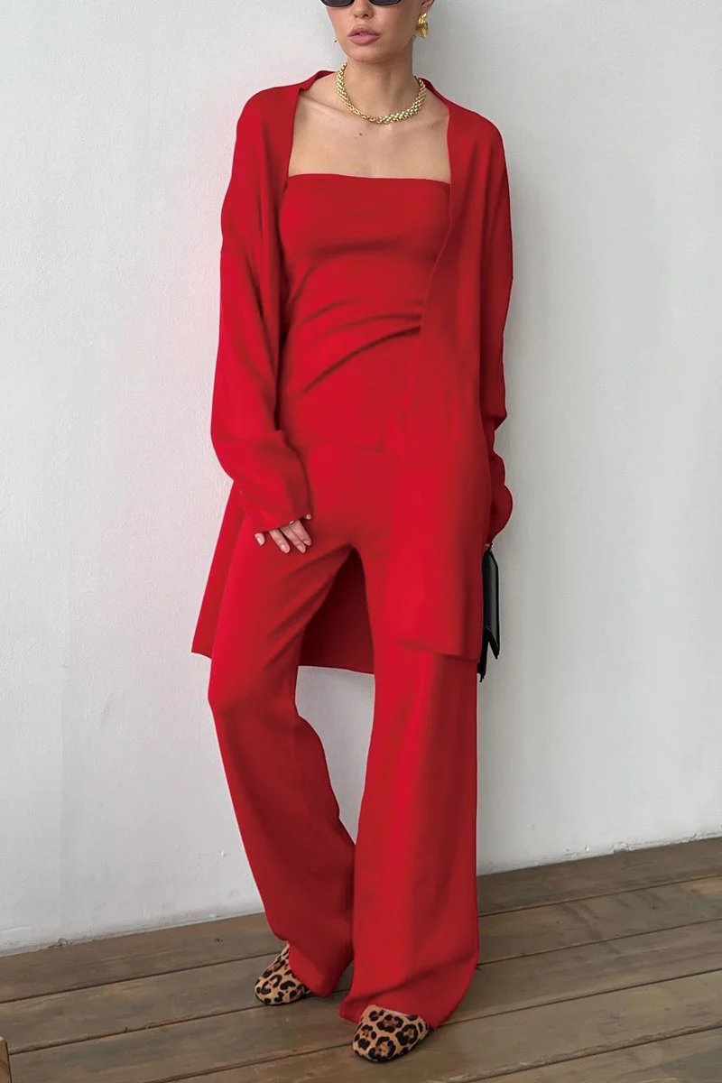 Women's solid color knitted cardigan vest pants three-piece set